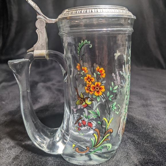 German Beer Stein Vintage Lidded Bird Hunter Forest Flower Butterfly Clear Glass - Picture 4 of 11
